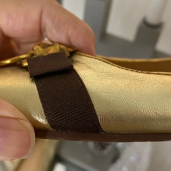 Lilly Pulitzer Gold Leather Ballet Flats Lion Heads Knock Brown Ribbon Size 9 - Picture 12 of 16